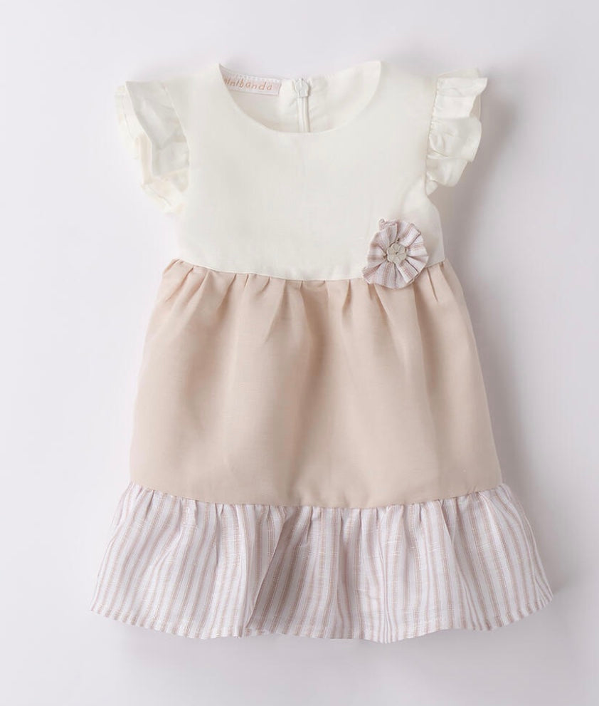 SARABANDA l'aquiloneAbito Beige Minibanda | Lino e Cotone con Fiore Applicatoabbigliamento neonato