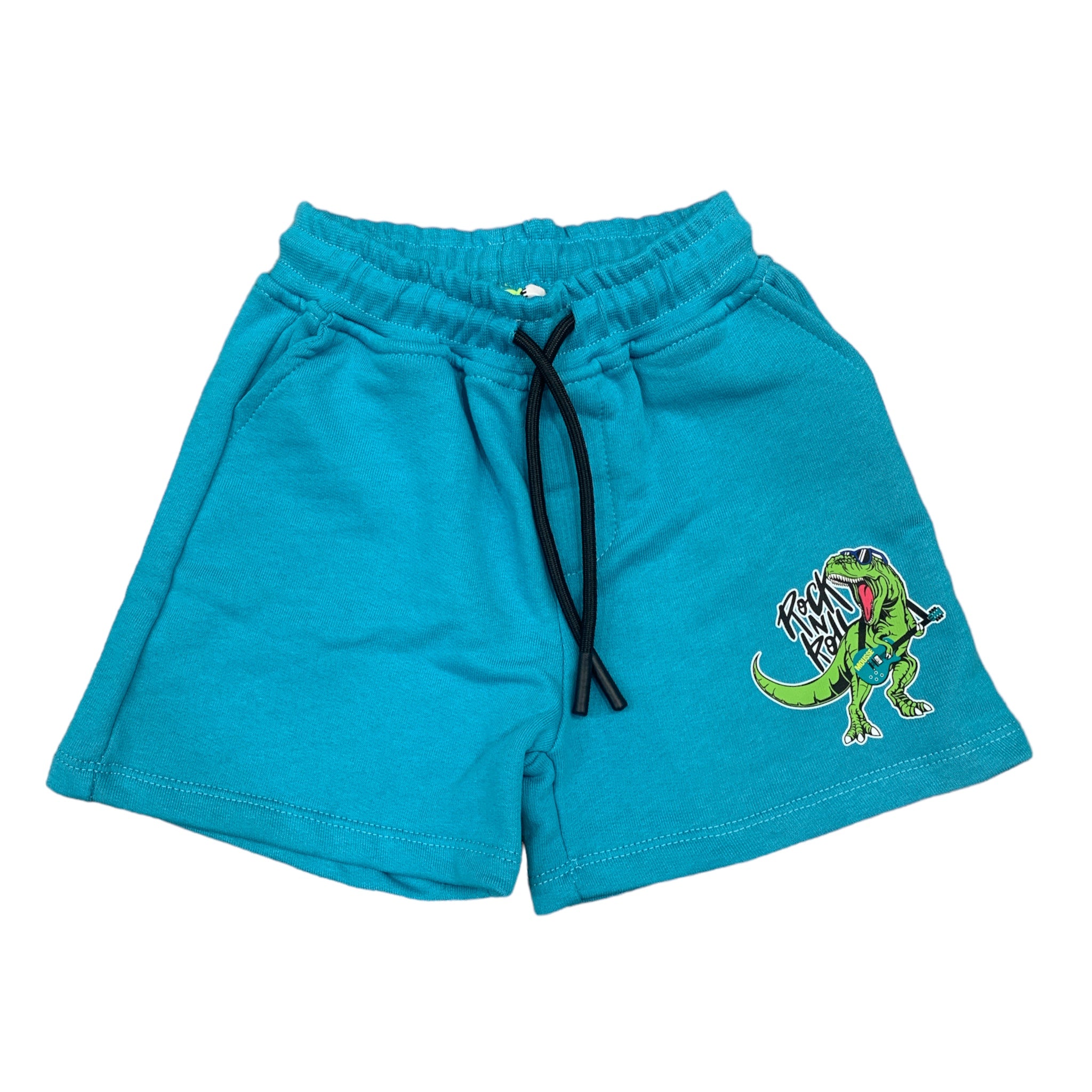 Bermuda Felpa Mousse | Turchese con Stampa Dinosauro - 100% Cotone MOUSSE l'aquiloneBERMUDA T-ROCKabbigliamento bambino