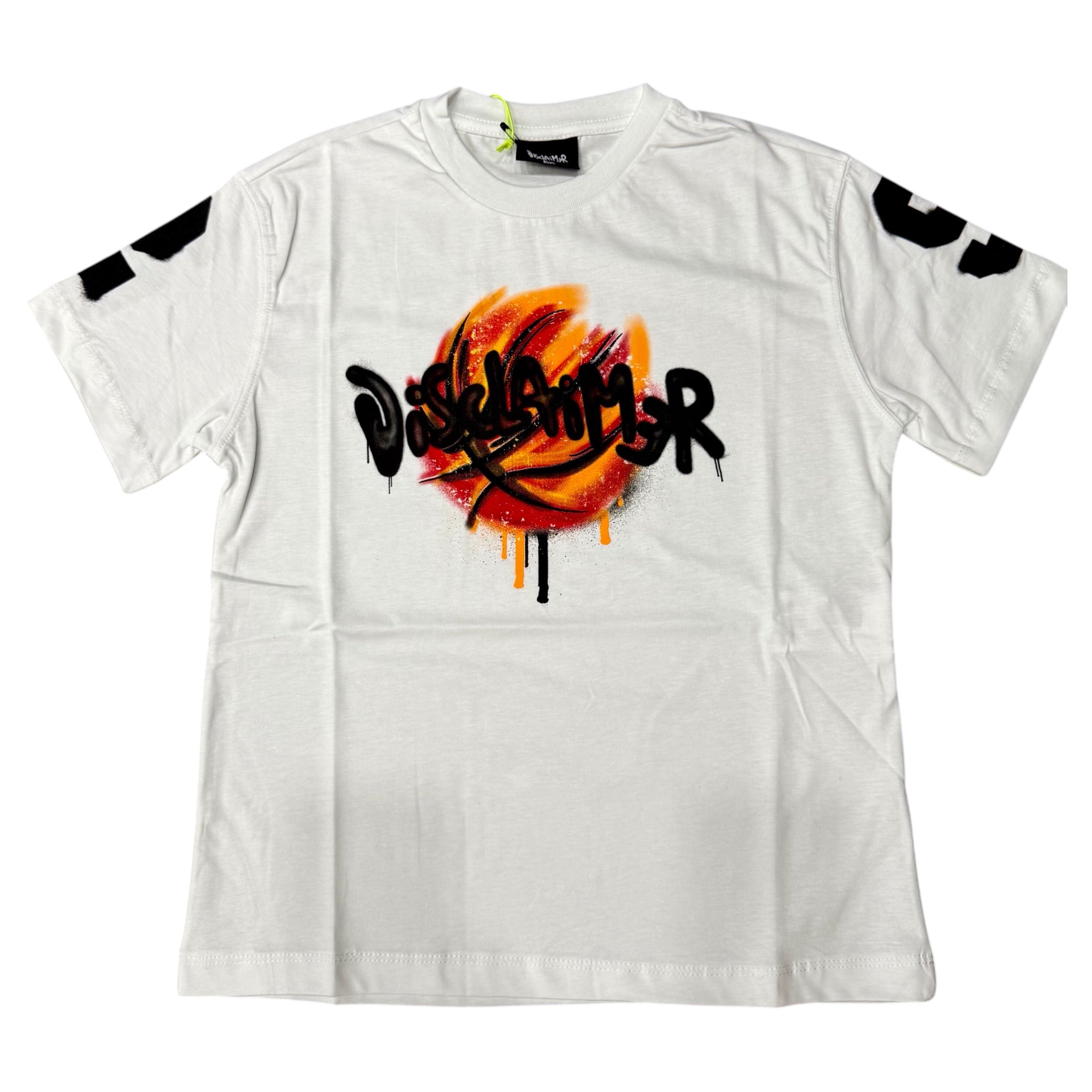 T-shirt Bianca Disclaimer | Stampa Centrale Arancione DISCLAIMER l'aquiloneT.shirt disclaimer biancaabbigliamento bambino