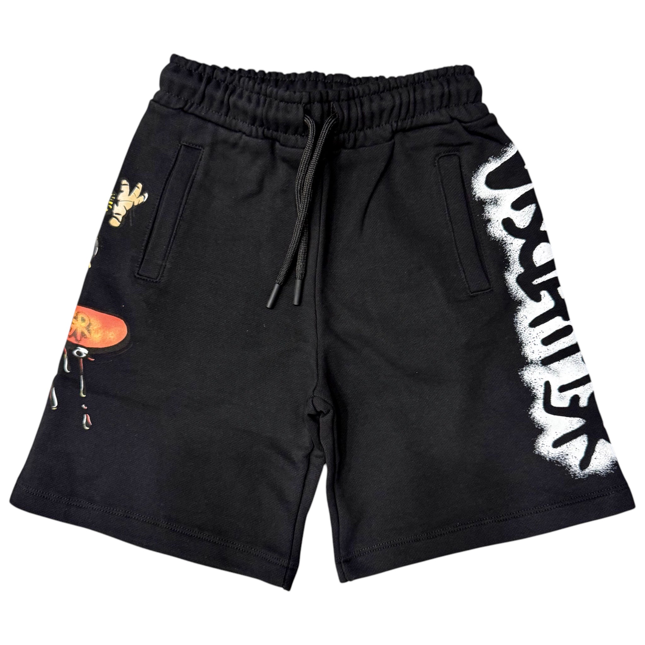 Bermuda in Felpa di Cotone | Nero con Stampe Laterali Colorate DISCLAIMER l'aquiloneBermuda felpa Disclaimer neroabbigliamento bambino