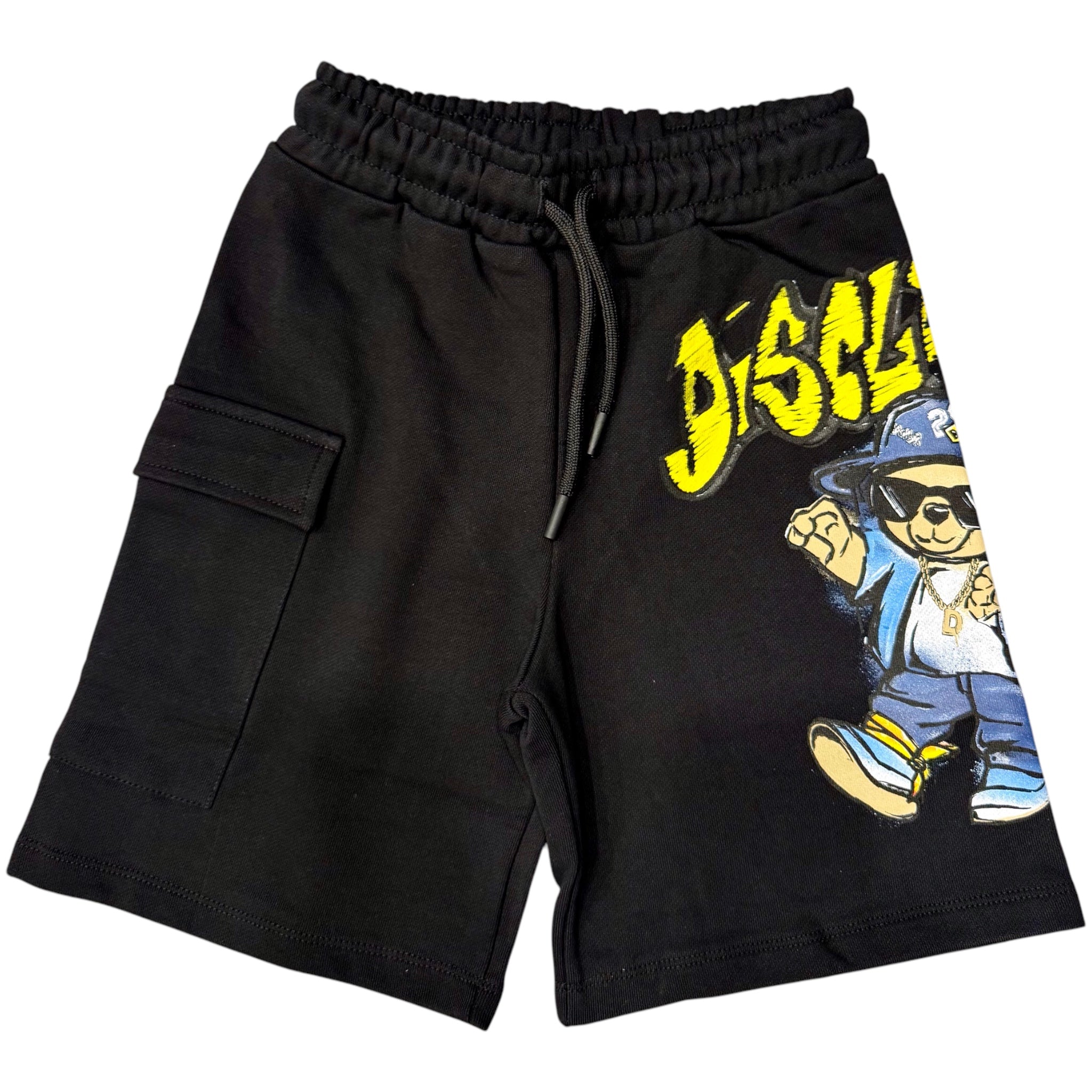 Bermuda in Felpa Nera | Tasca Applicata & Stampa - 100% Cotone DISCLAIMER l'aquiloneBermuda felpa Disclaimer neraabbigliamento bambino