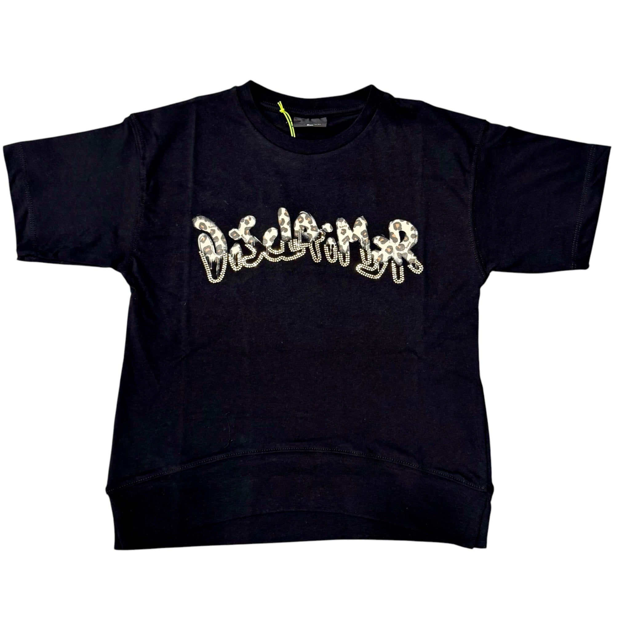 T-shirt Lunga Stondata Nera Disclaimer | Logo in Strass DISCLAIMER l'aquiloneT.shirt Disclaimer nera strass maculataabbigliamento bambina