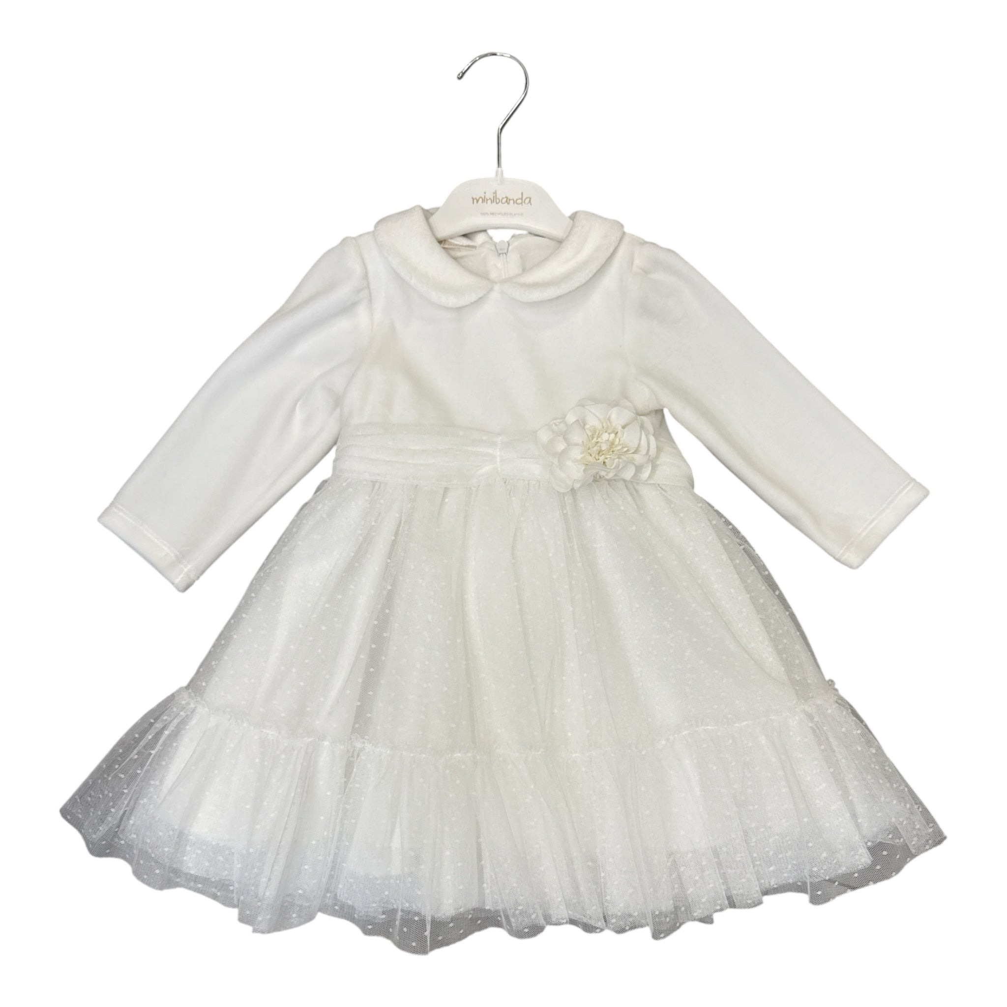 Abito da cerimonia l'aquilone bianco avorio con corpetto in velluto, gonna in tulle a pois e fiore applicato.