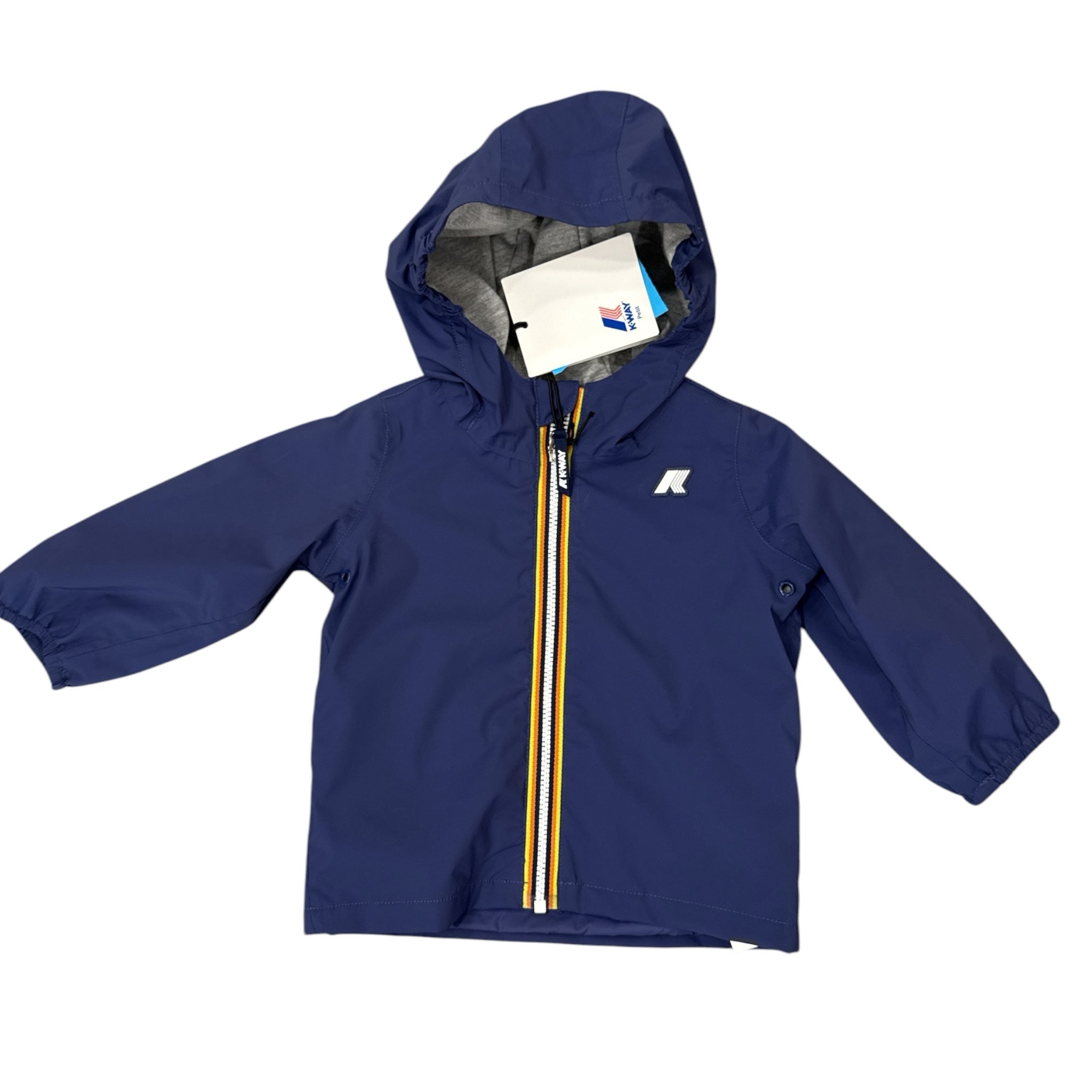 Giacca impermeabile blu navy l'aquilone K-Way per bambini con zip multicolore, cappuccio e fodera grigia melange