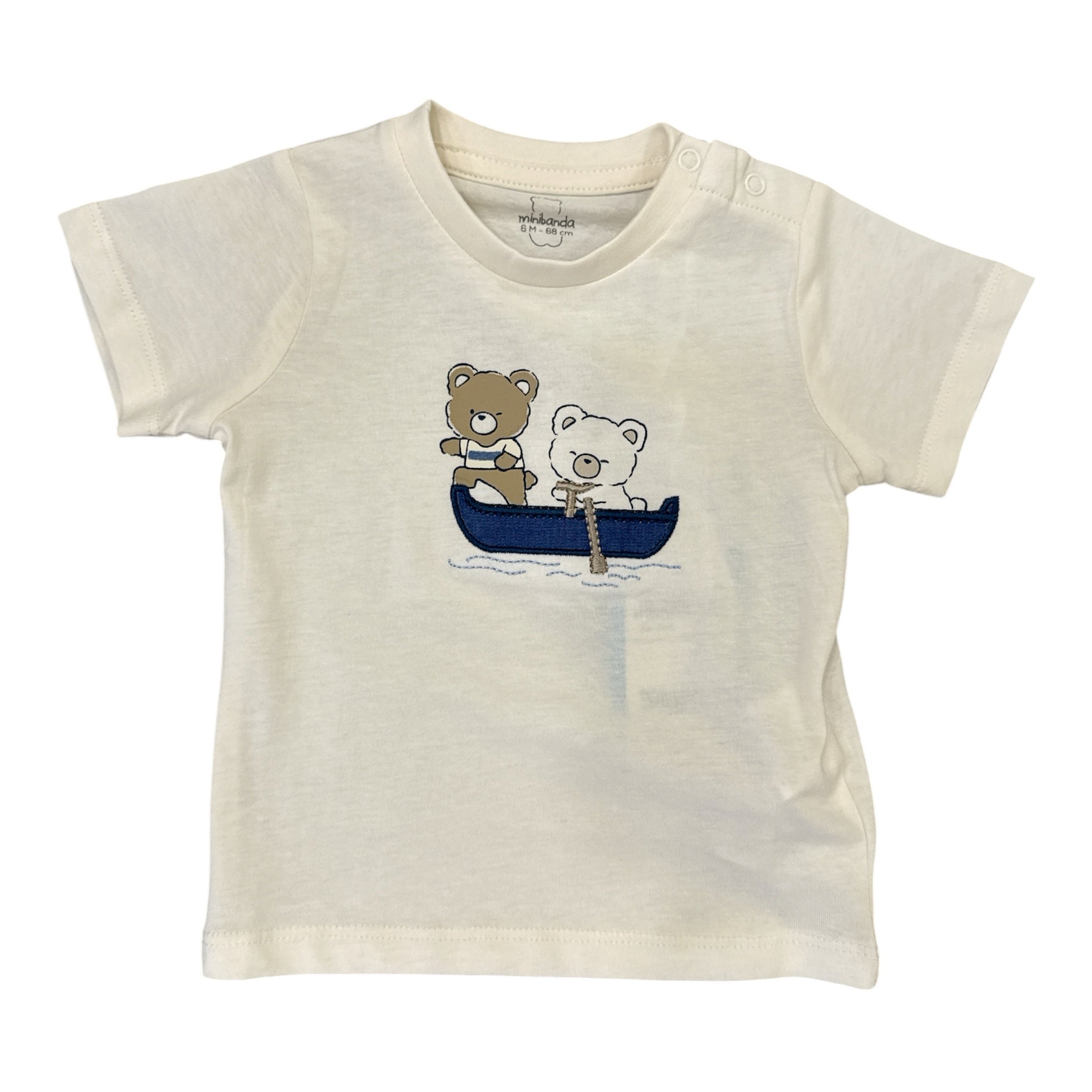 T-shirt l'aquilone per neonato color crema in cotone con stampa di due orsetti su una barchetta blu e bottoni laterali