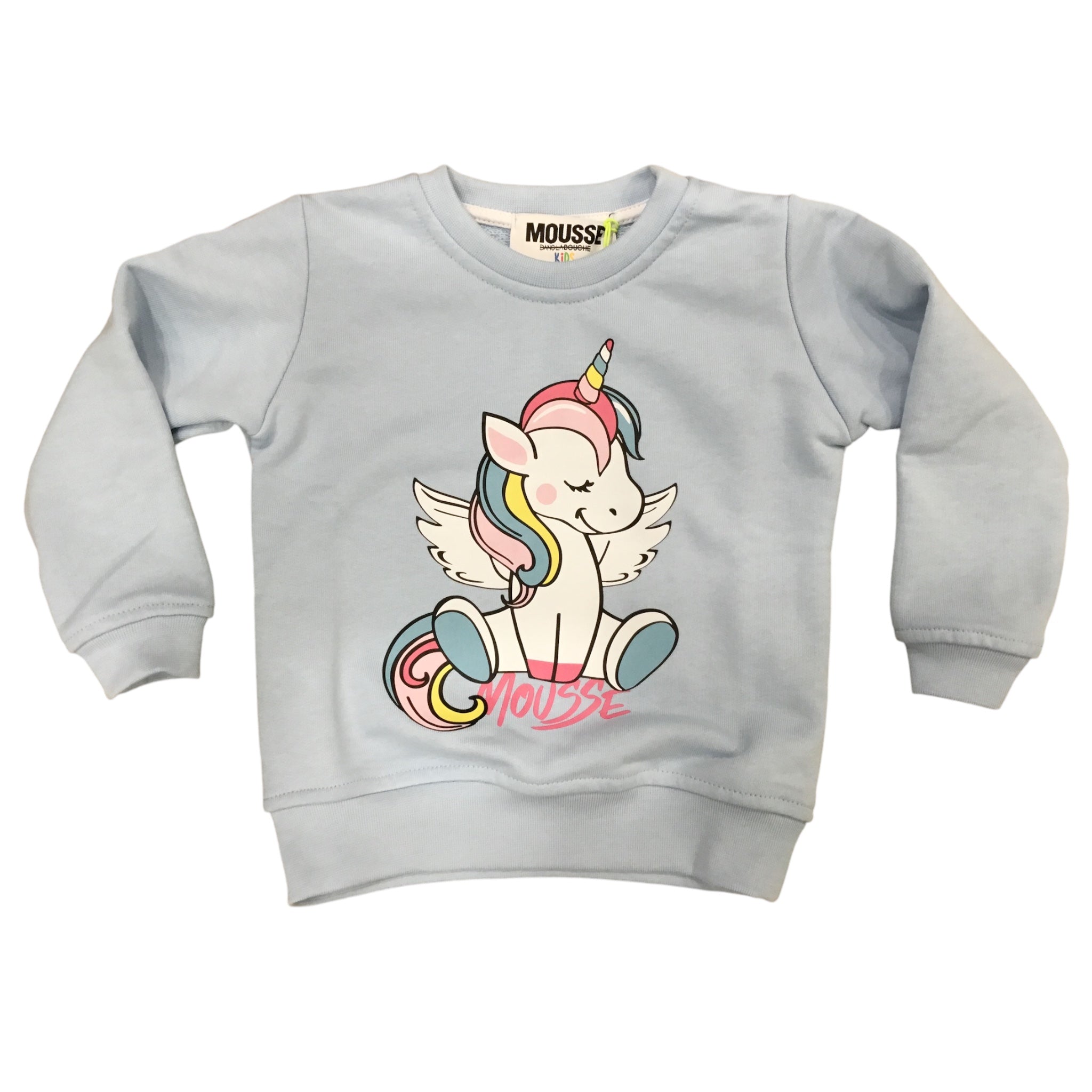 Felpa Girocollo Unicorno | Cotone Azzurro - Made in Italy MOUSSE l'aquiloneFelpa unicornoabbigliamento bambina