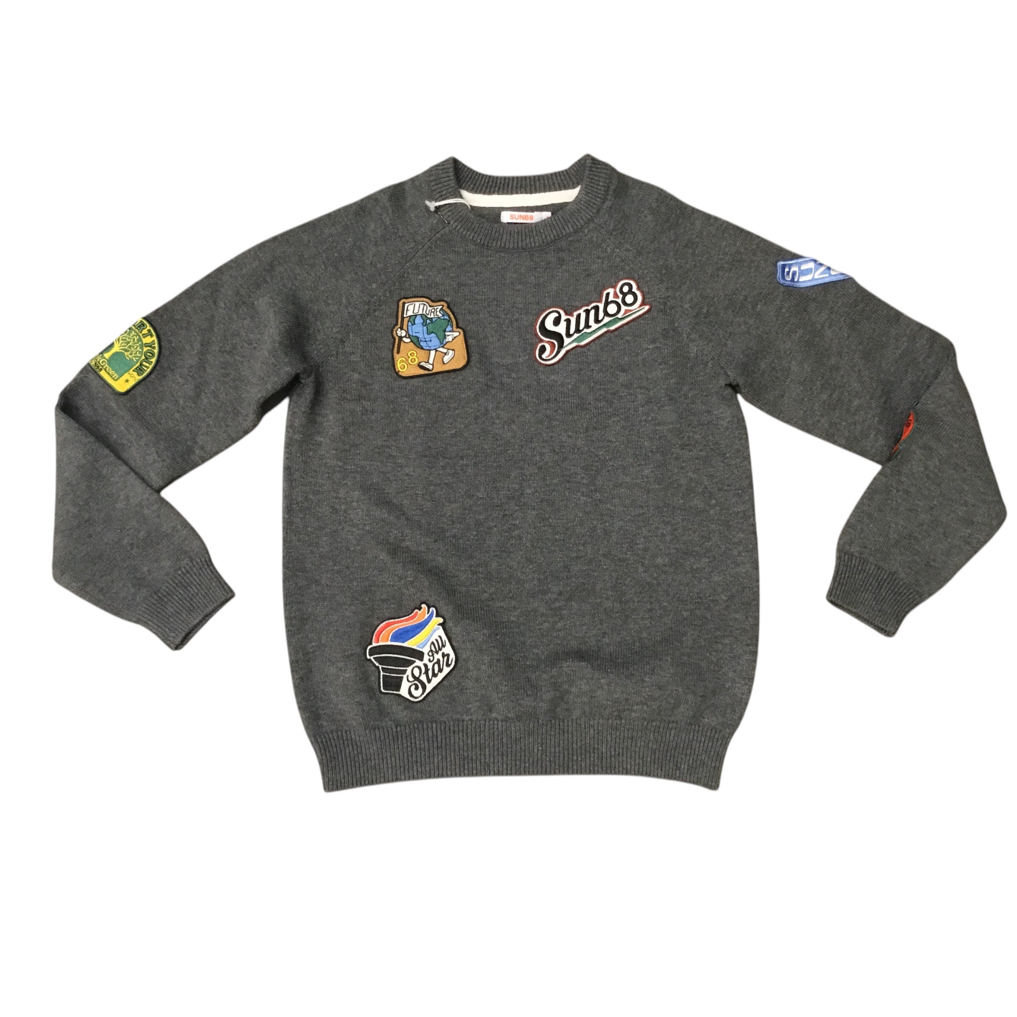 Maglia Grigia Sun 68 | Lana Merino con Patch Ricamati SUN 68 l'aquiloneMaglia patchabbigliamento bambino