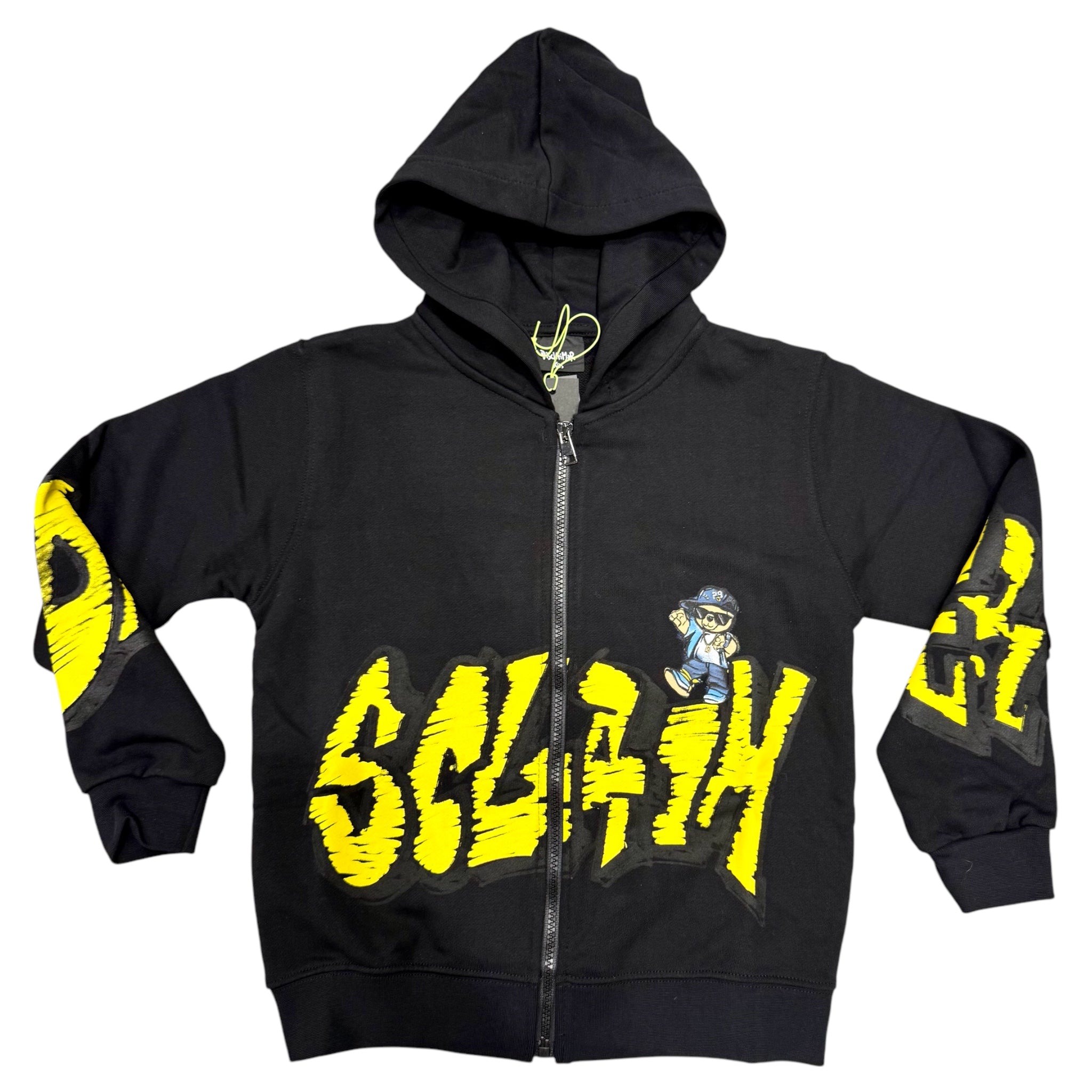 Felpa Zip Nera Disclaimer | Cappuccio e Scritte Gialle DISCLAIMER l'aquiloneFelpa zip Disclaimer neraabbigliamento bambino