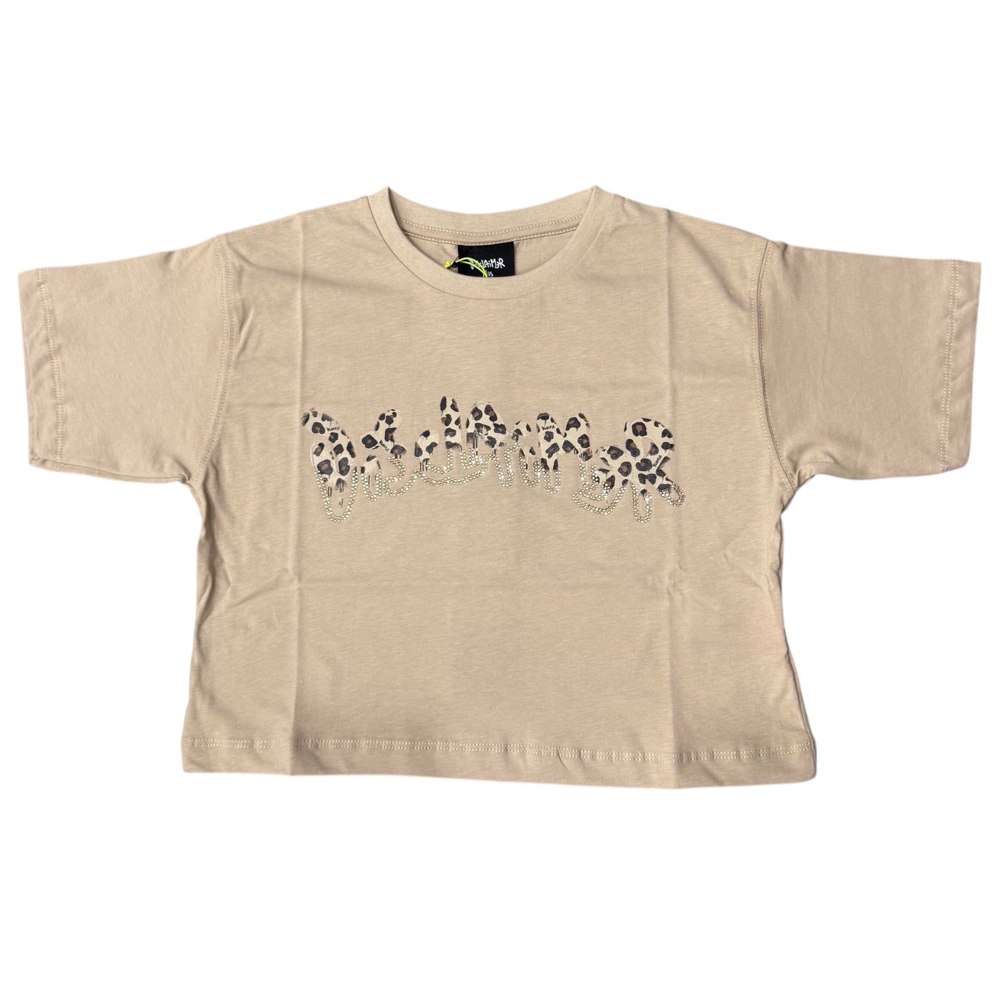 T-shirt Cropped Beige Disclaimer | Strass e Logo Maculato DISCLAIMER l'aquiloneT.shirt Disclaimer strass leoabbigliamento bambina