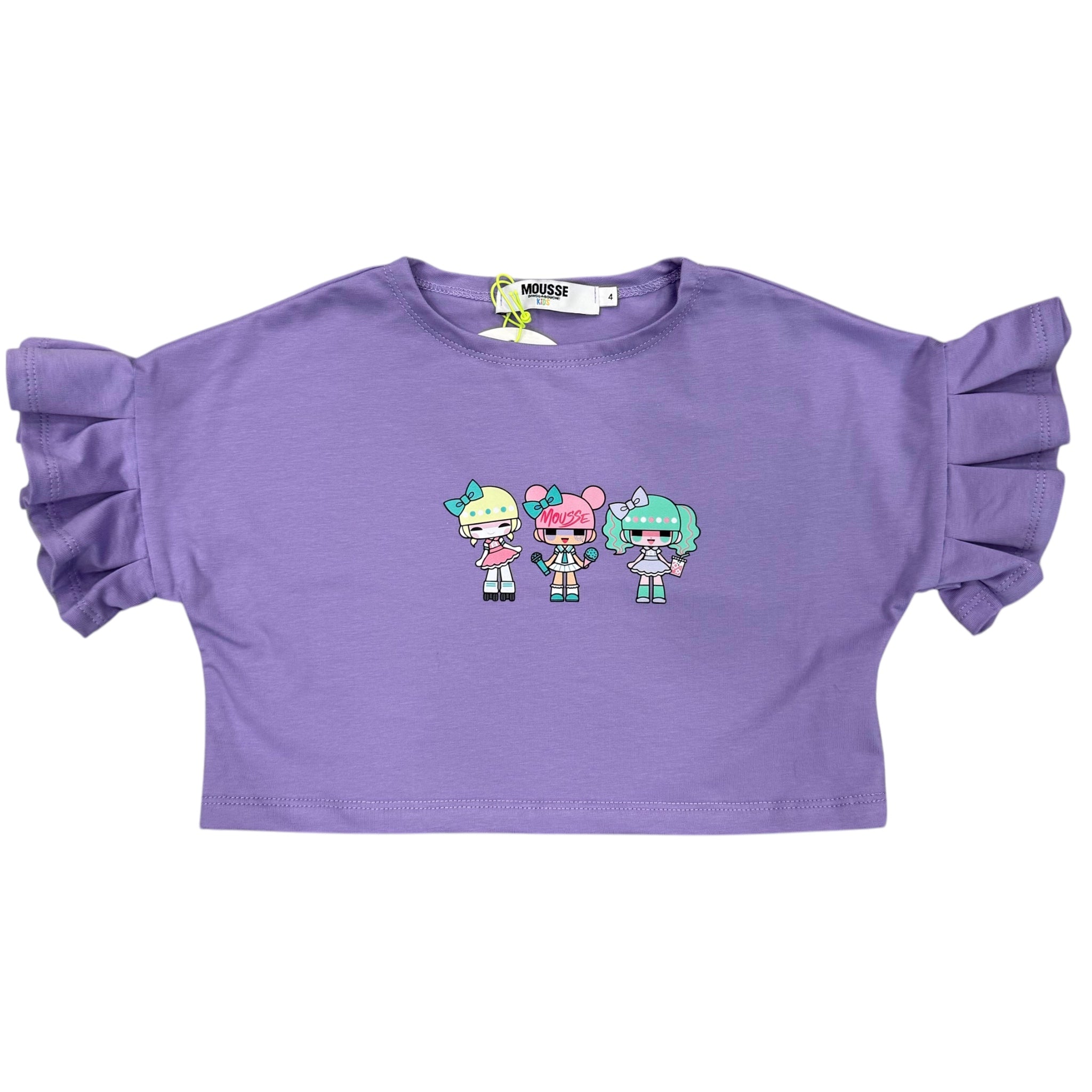 T-shirt Cropped Mousse Lilla | Stampa Bambole MOUSSE l'aquiloneT.shirt lilla cropped Mousseabbigliamento bambina