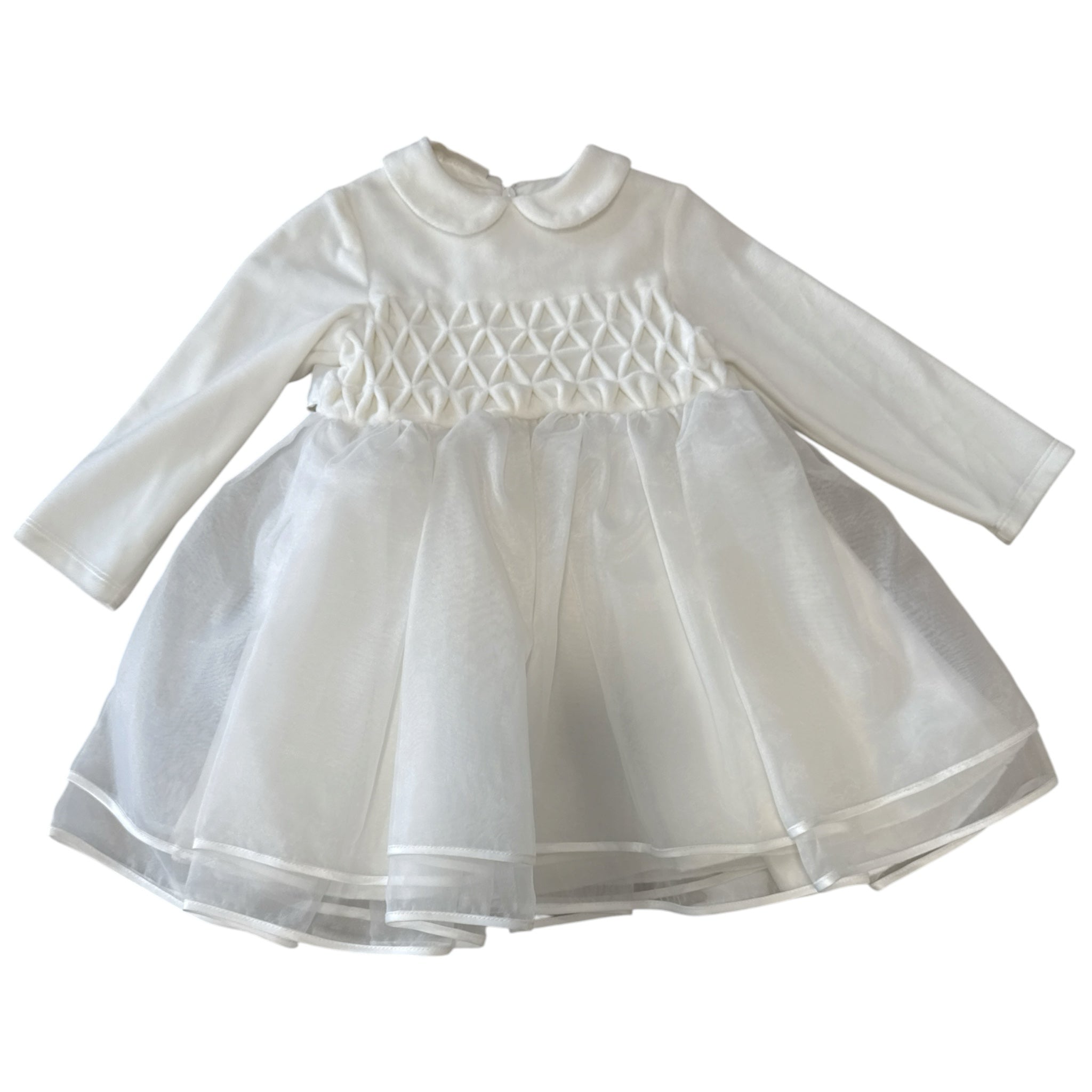 Abito da cerimonia bianco l'aquilone per bambina con corpetto a nido d'ape, colletto Peter Pan e gonna in tulle