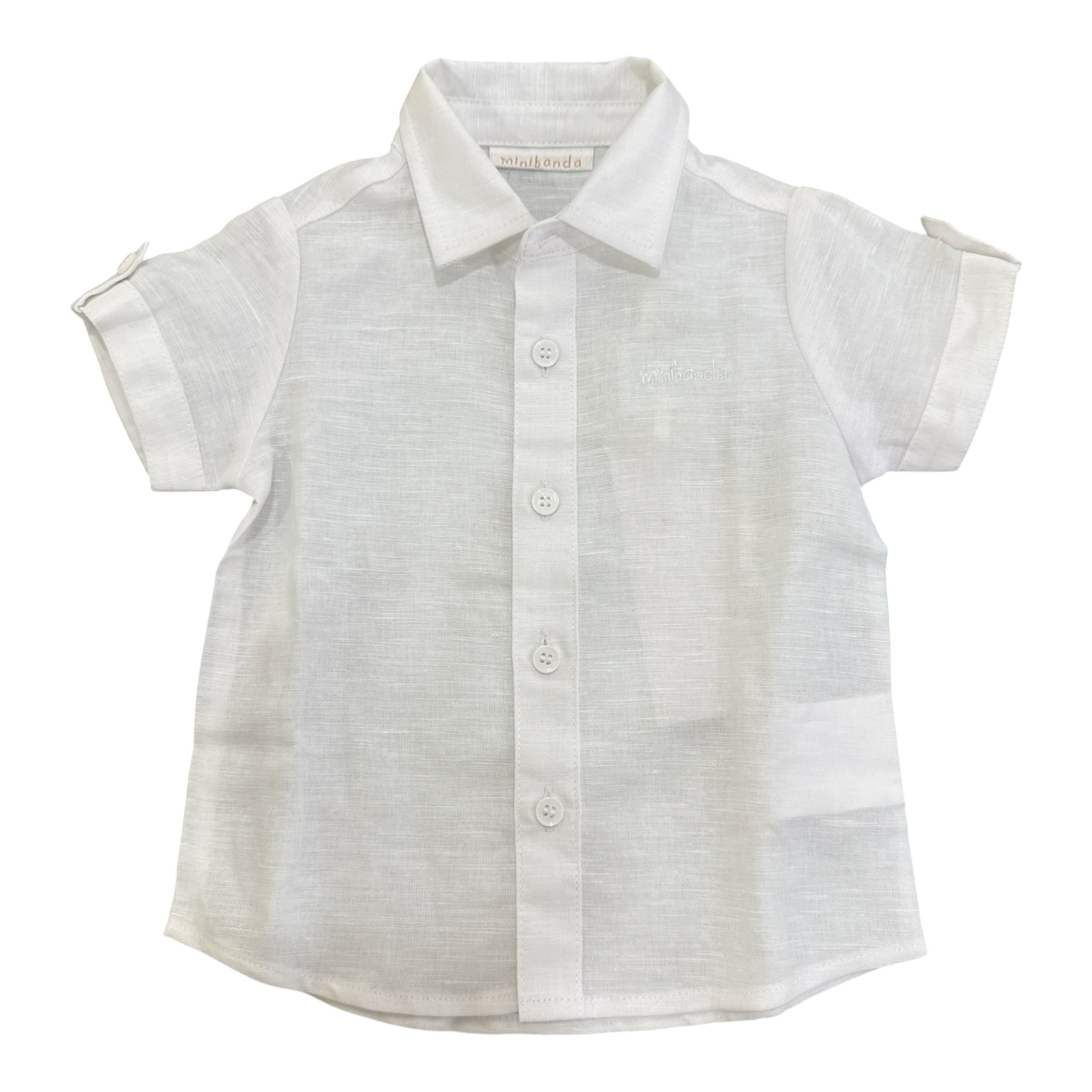 Camicia elegante l'aquilone per bambino in lino bianco a maniche corte con colletto e bottoni tono su tono